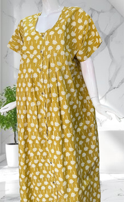 Yellow Floral Full Open Pure Cotton Nighty. Pure Cotton | Laces and Frills - Laces and Frills