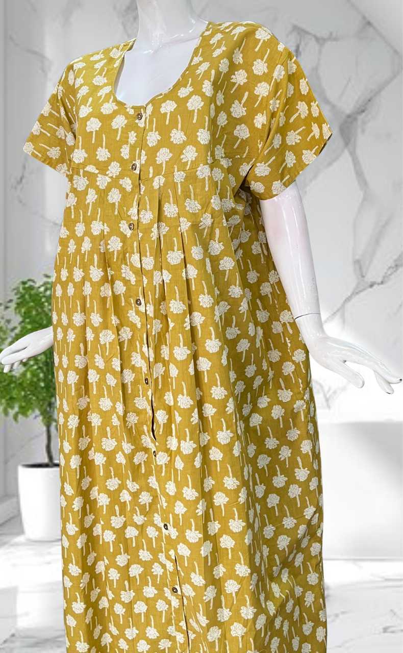 Yellow Floral Full Open Pure Cotton Nighty. Pure Cotton | Laces and Frills - Laces and Frills