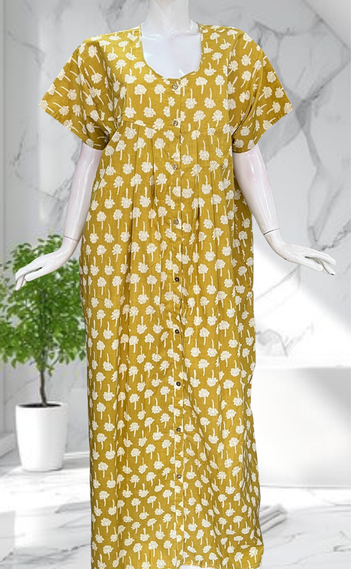 Yellow Floral Full Open Pure Cotton Nighty. Pure Cotton | Laces and Frills - Laces and Frills