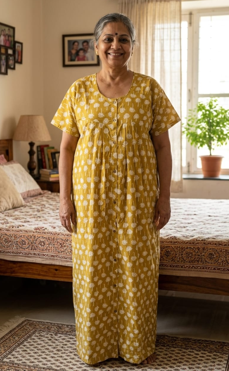 Yellow Floral Full Open Pure Cotton Nighty. Pure Cotton | Laces and Frills