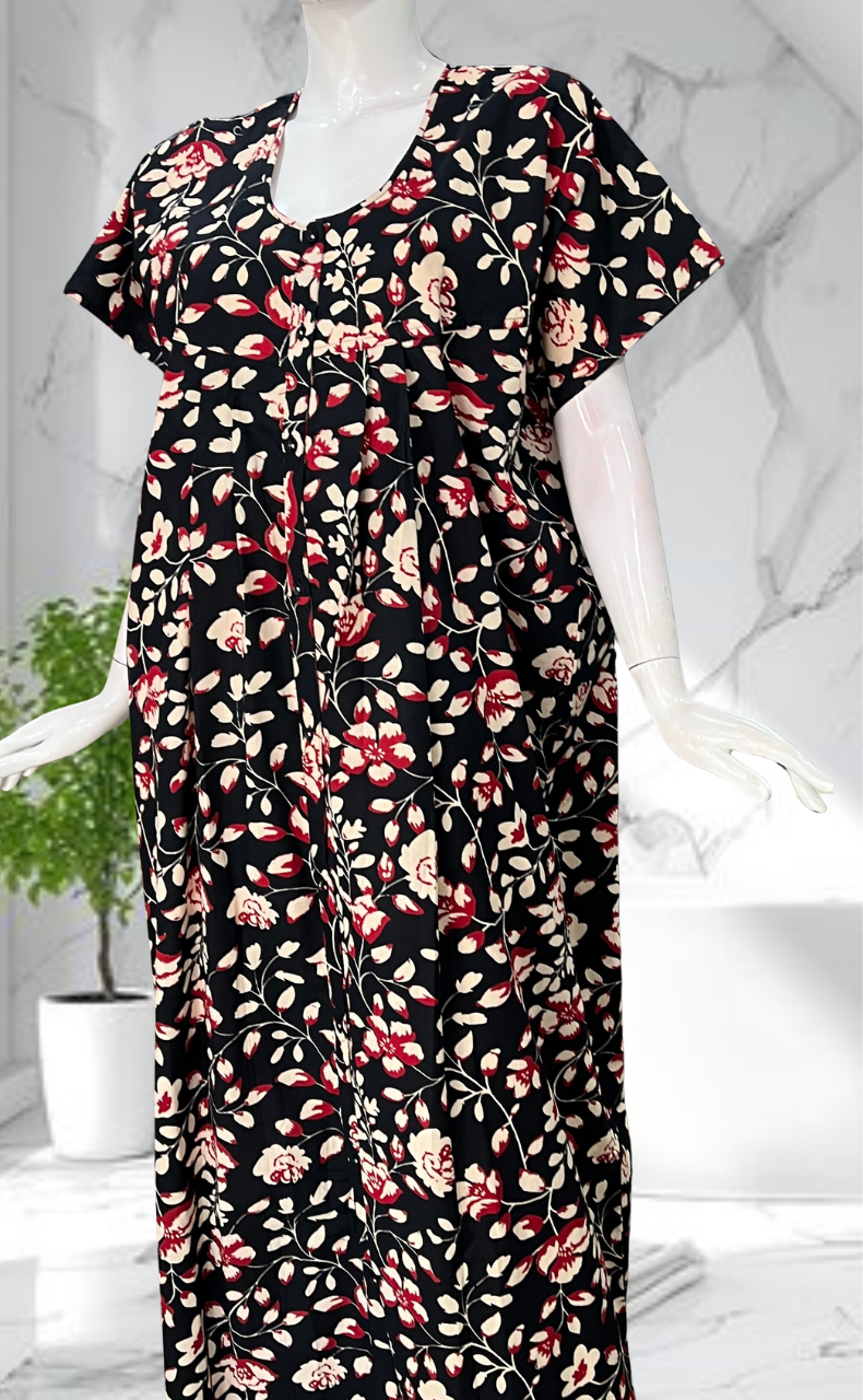 Black Garden Full Open Pure Cotton Nighty. Pure Cotton | Laces and Frills - Laces and Frills