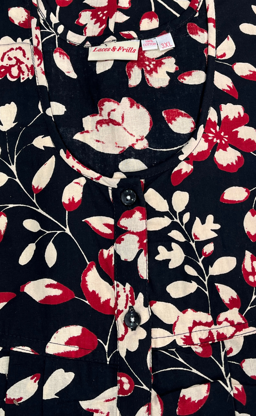 Black Garden Full Open Pure Cotton Nighty. Pure Cotton | Laces and Frills - Laces and Frills