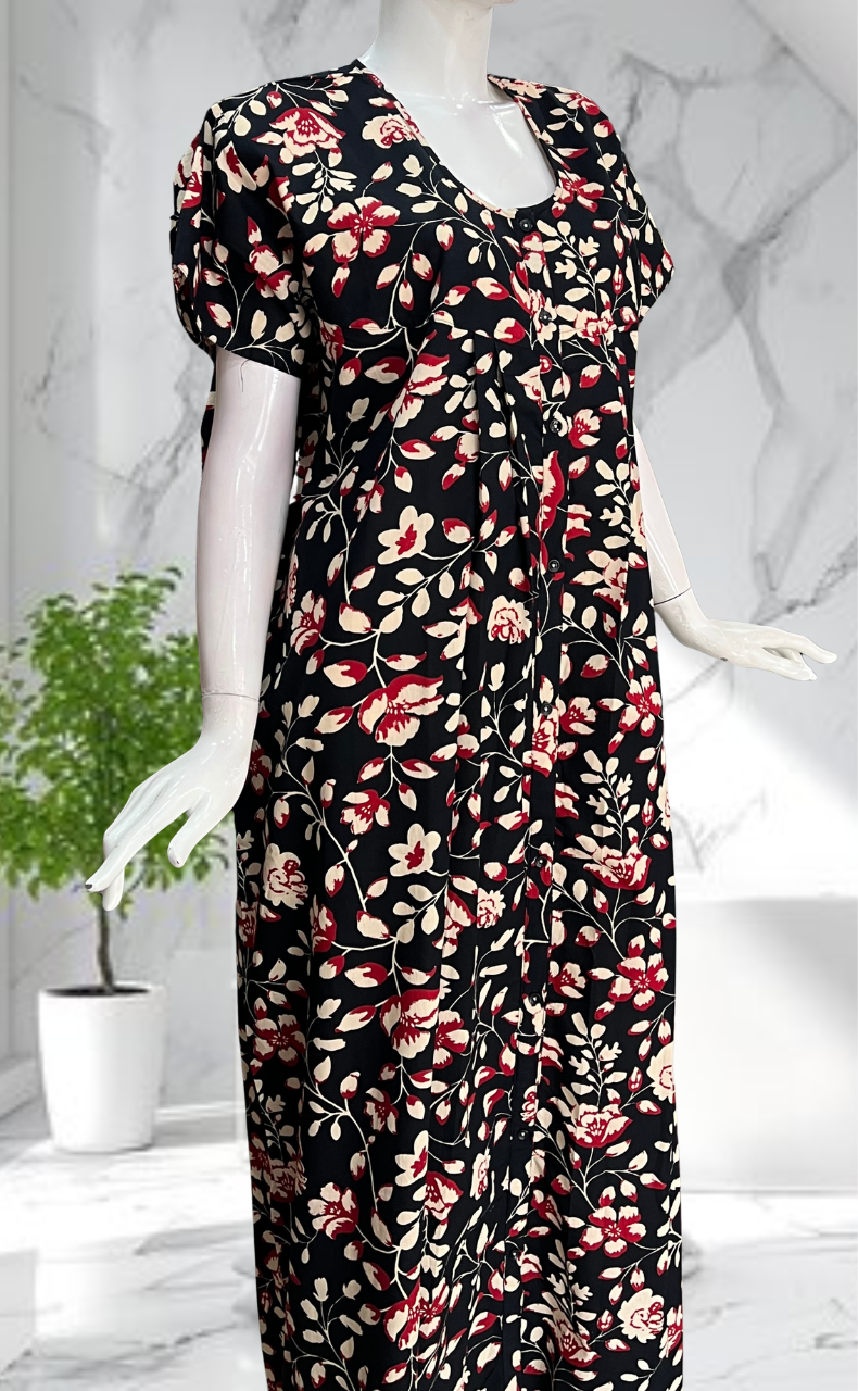 Black Garden Full Open Pure Cotton Nighty. Pure Cotton | Laces and Frills - Laces and Frills
