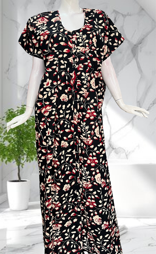 Black Garden Full Open Pure Cotton Nighty. Pure Cotton | Laces and Frills - Laces and Frills