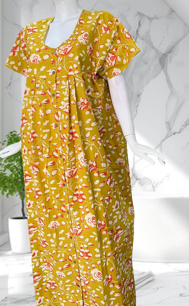 Yellow Garden Full Open Pure Cotton Nighty. Pure Cotton | Laces and Frills - Laces and Frills