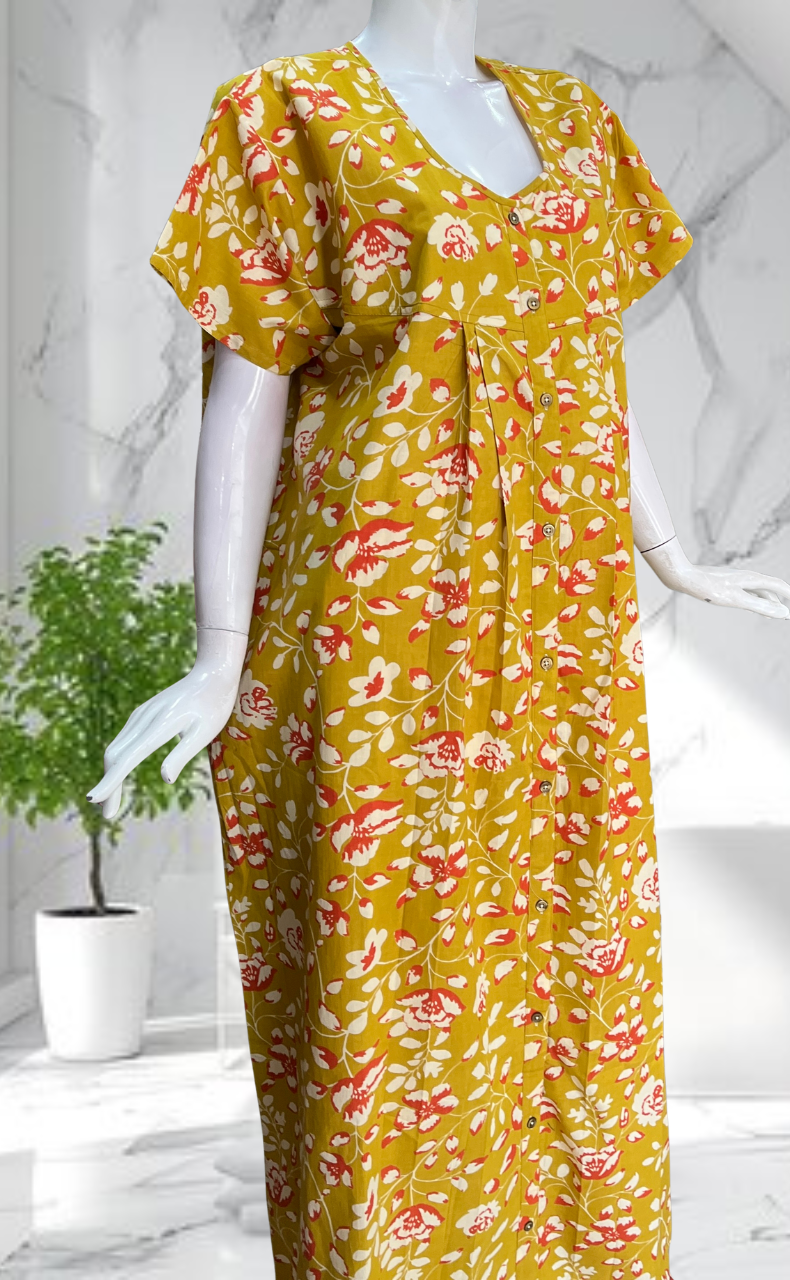 Yellow Garden Full Open Pure Cotton Nighty. Pure Cotton | Laces and Frills - Laces and Frills