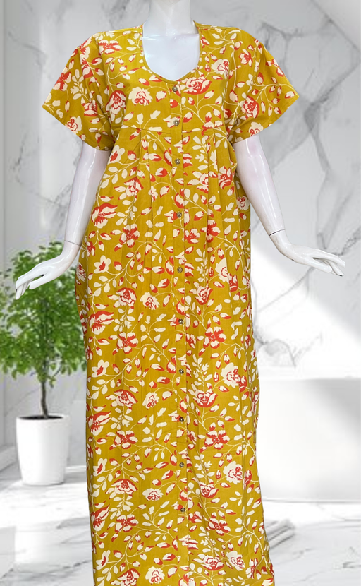 Yellow Garden Full Open Pure Cotton Nighty. Pure Cotton | Laces and Frills - Laces and Frills