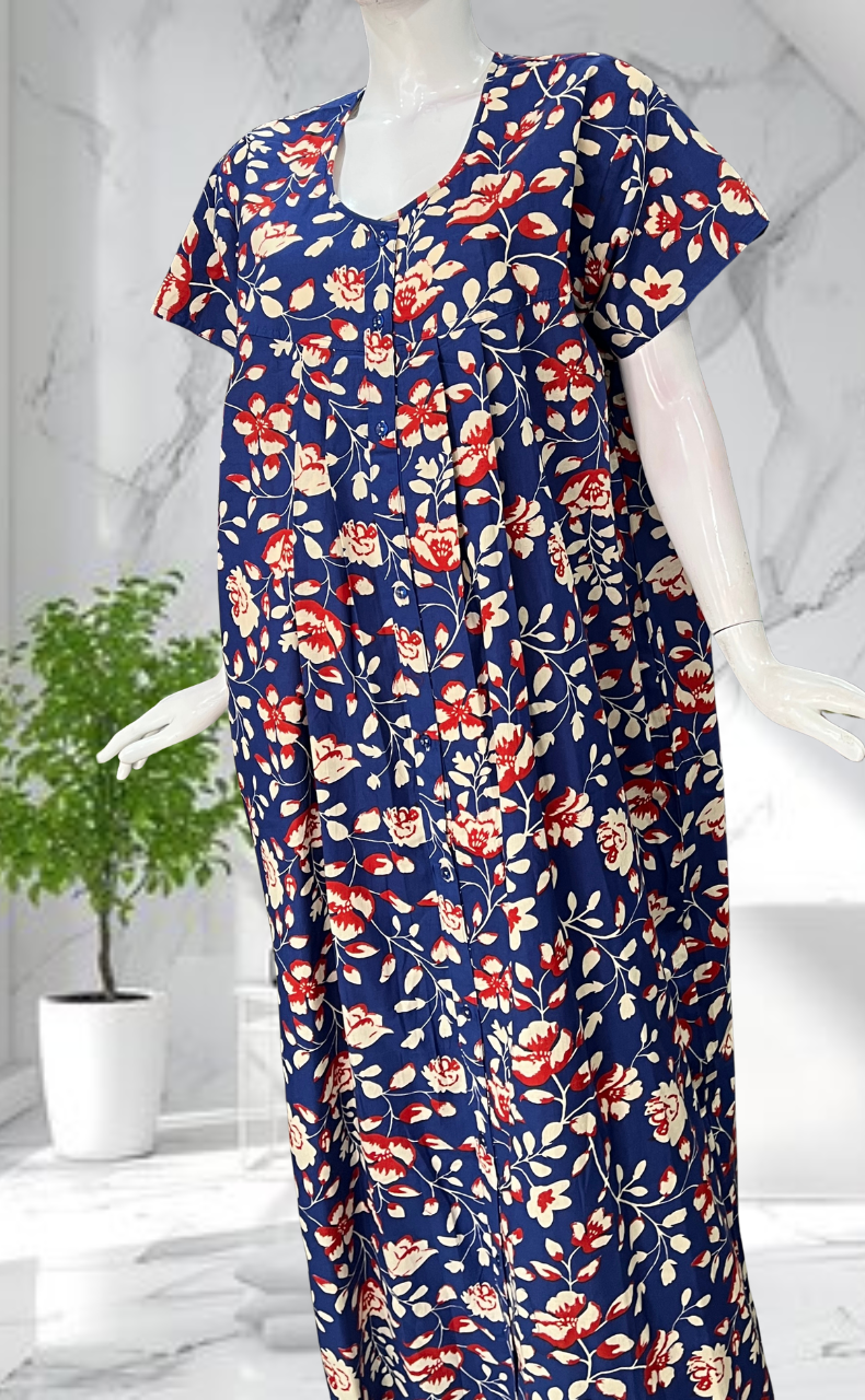 Blue Garden Full Open Pure Cotton Nighty. Pure Cotton | Laces and Frills - Laces and Frills