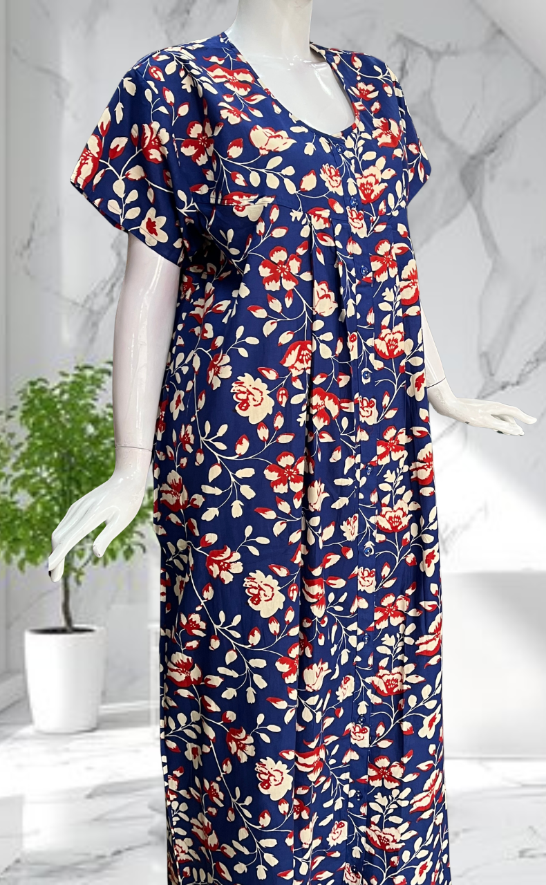 Blue Garden Full Open Pure Cotton Nighty. Pure Cotton | Laces and Frills - Laces and Frills