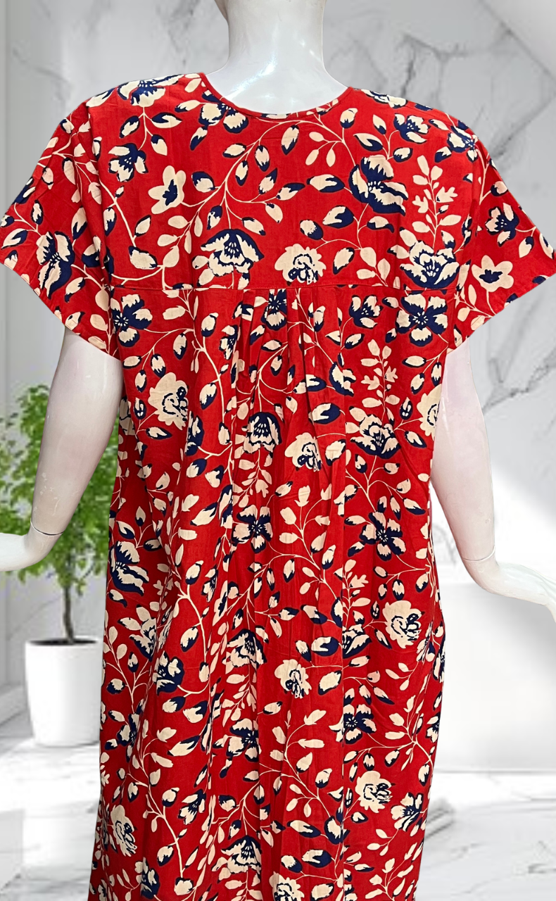 Red Garden Full Open Pure Cotton Nighty. Pure Cotton | Laces and Frills - Laces and Frills