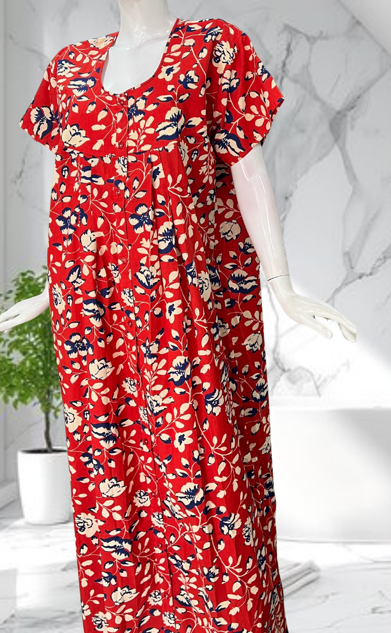 Red Garden Full Open Pure Cotton Nighty. Pure Cotton | Laces and Frills - Laces and Frills