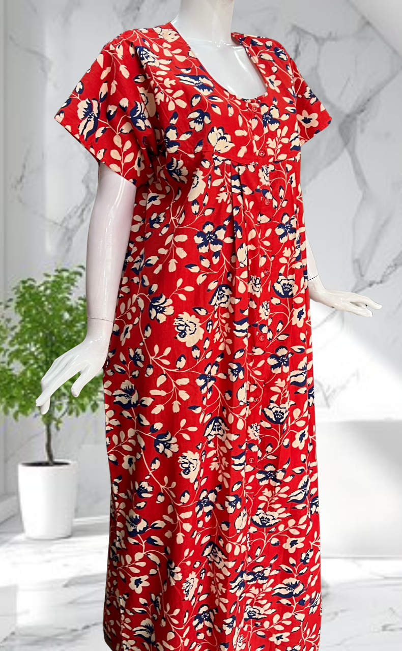Red Garden Full Open Pure Cotton Nighty. Pure Cotton | Laces and Frills - Laces and Frills