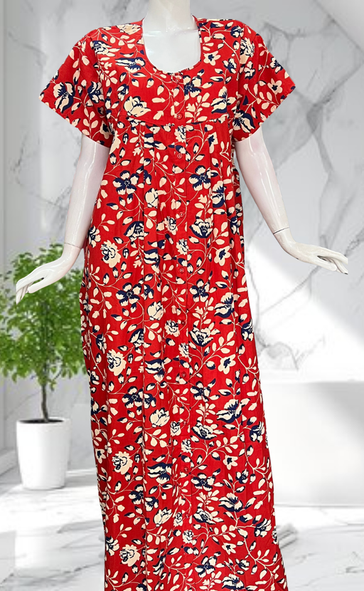 Red Garden Full Open Pure Cotton Nighty. Pure Cotton | Laces and Frills - Laces and Frills