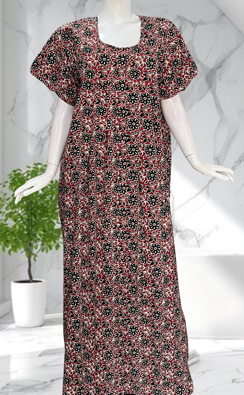 Maroon Garden Full Open Pure Cotton Nighty. Pure Cotton | Laces and Frills - Laces and Frills