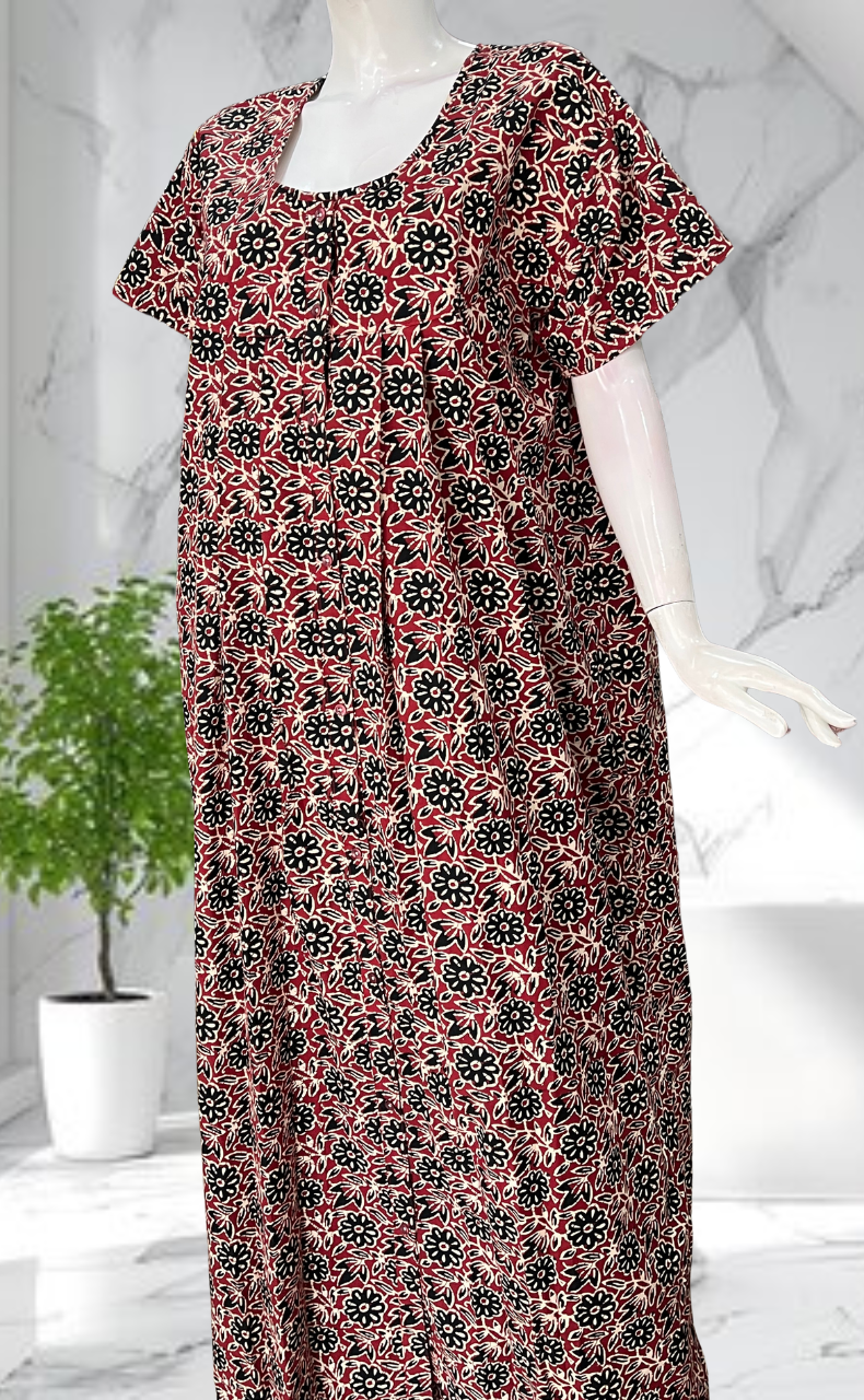 Maroon Garden Full Open Pure Cotton Nighty. Pure Cotton | Laces and Frills - Laces and Frills