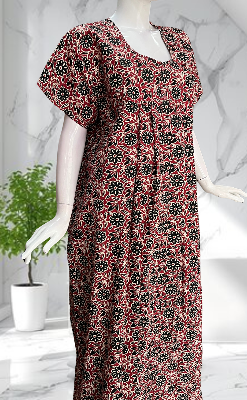 Maroon Garden Full Open Pure Cotton Nighty. Pure Cotton | Laces and Frills - Laces and Frills