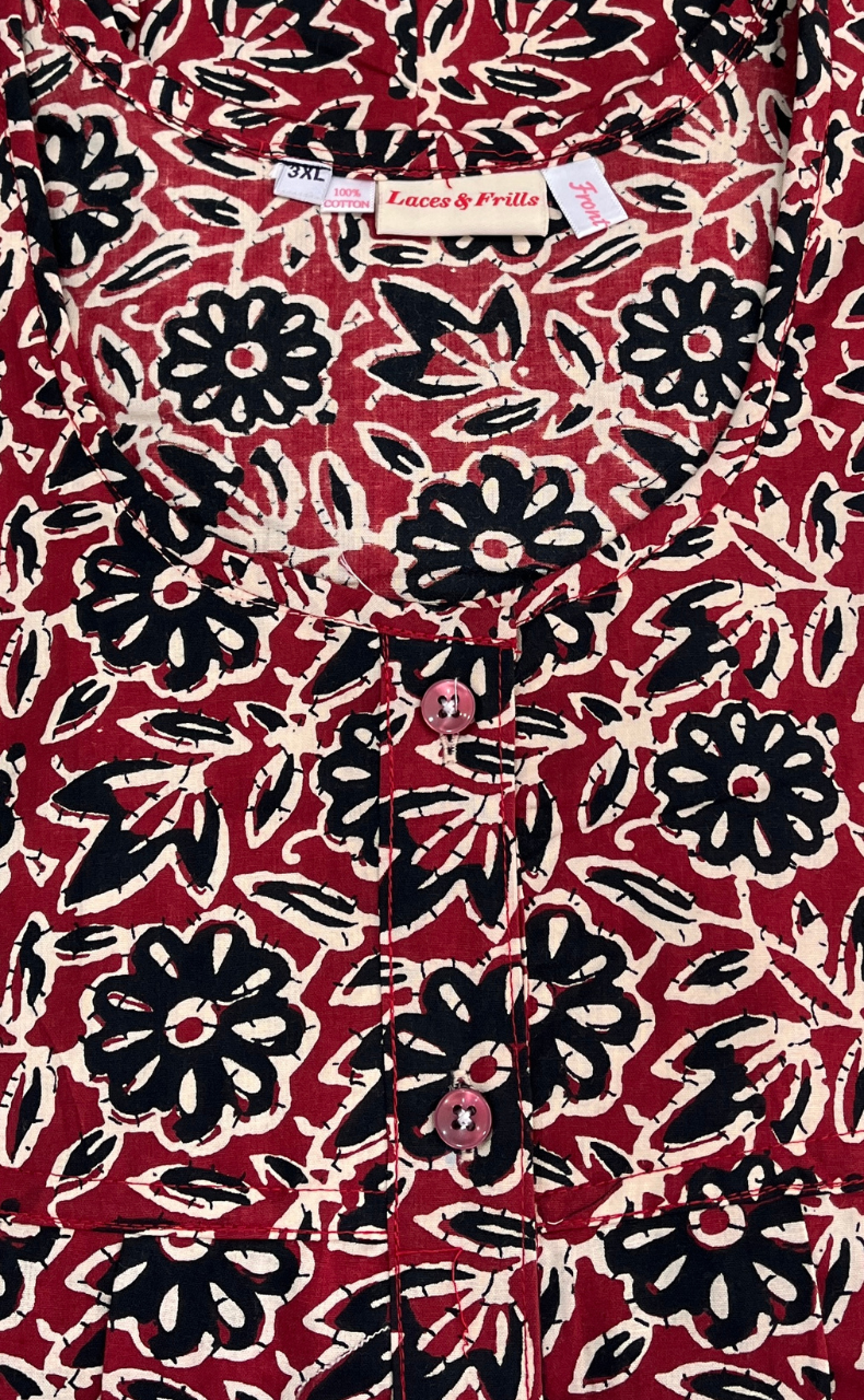 Maroon Garden Full Open Pure Cotton Nighty. Pure Cotton | Laces and Frills - Laces and Frills