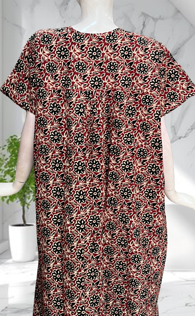 Maroon Garden Full Open Pure Cotton Nighty. Pure Cotton | Laces and Frills - Laces and Frills
