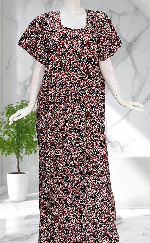 Maroon Garden Full Open Pure Cotton Nighty. Pure Cotton | Laces and Frills - Laces and Frills