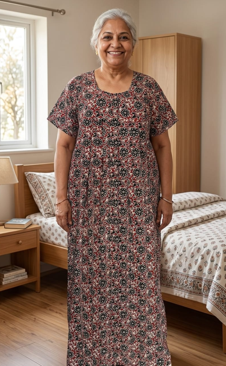 Maroon Garden Full Open Pure Cotton Nighty. Pure Cotton | Laces and Frills