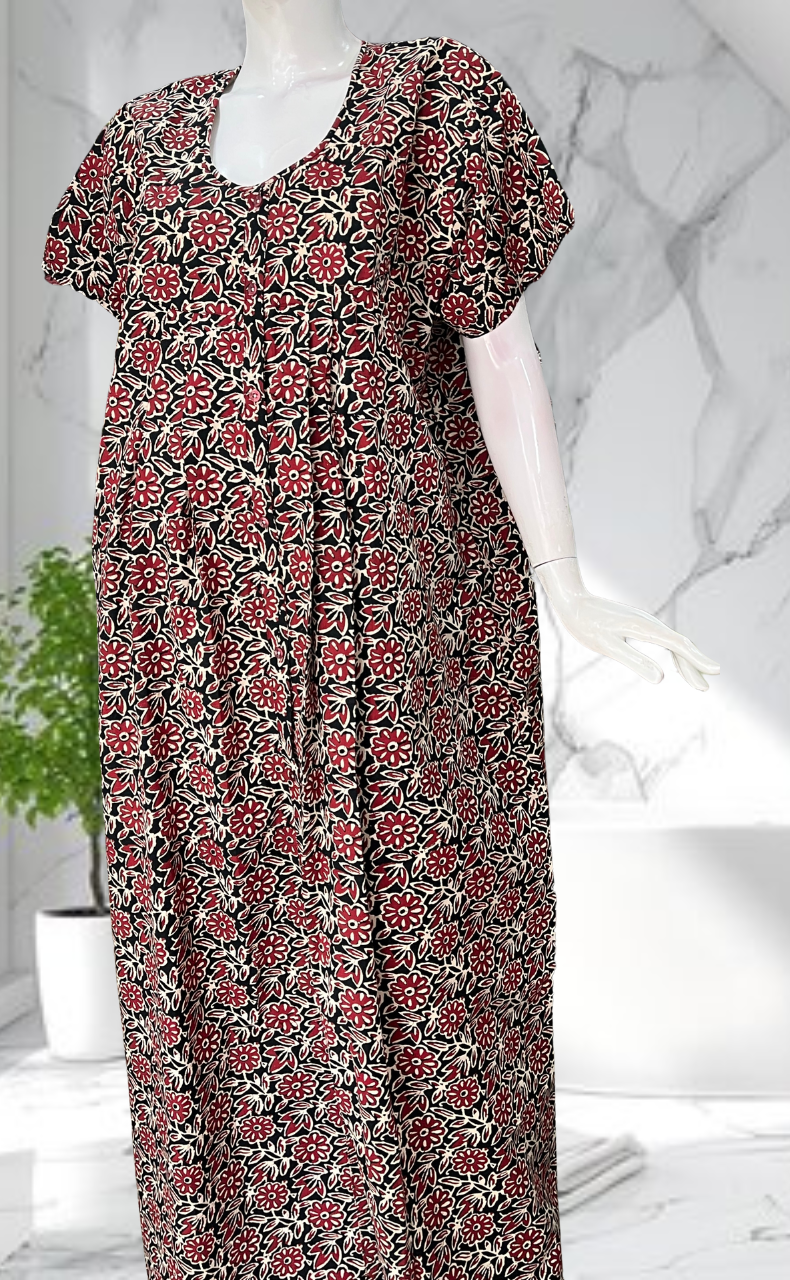 Black Garden Full Open Pure Cotton Nighty. Pure Cotton | Laces and Frills - Laces and Frills
