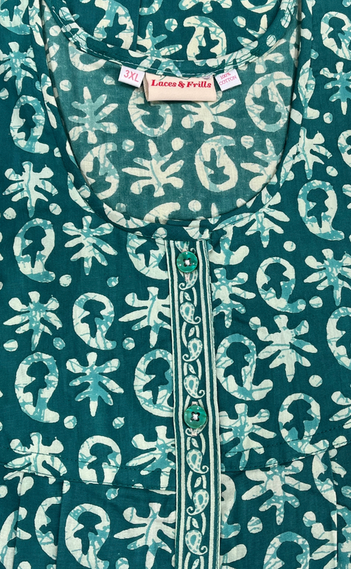 Sea Green Batik Full Open Pure Cotton Nighty. Pure Cotton | Laces and Frills - Laces and Frills