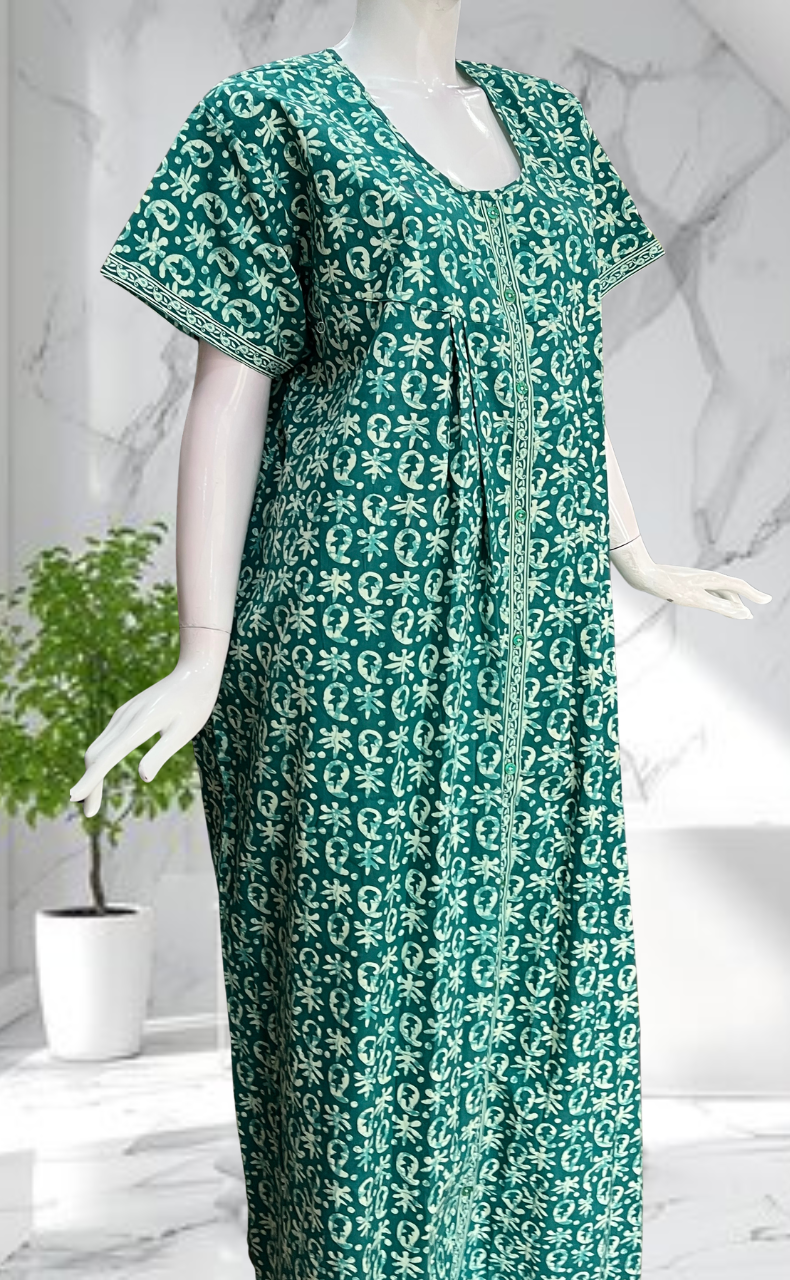 Sea Green Batik Full Open Pure Cotton Nighty. Pure Cotton | Laces and Frills - Laces and Frills