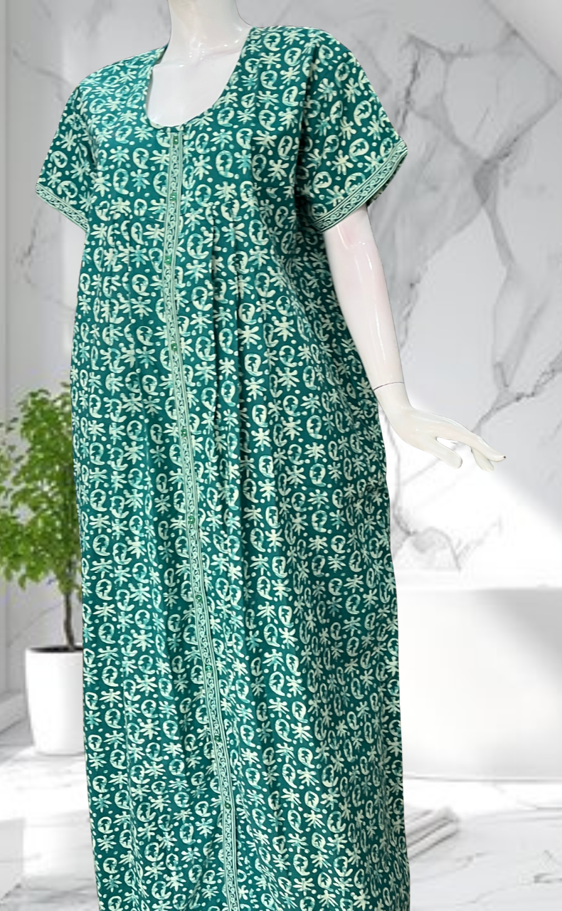 Sea Green Batik Full Open Pure Cotton Nighty. Pure Cotton | Laces and Frills - Laces and Frills