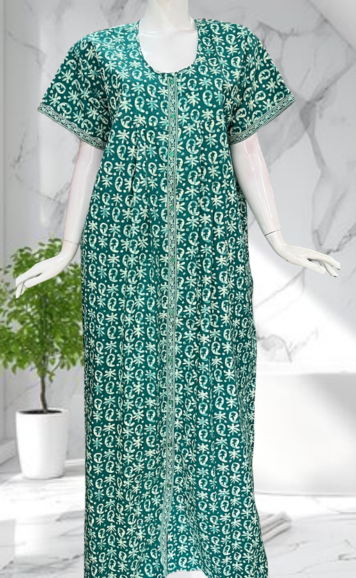 Sea Green Batik Full Open Pure Cotton Nighty. Pure Cotton | Laces and Frills - Laces and Frills