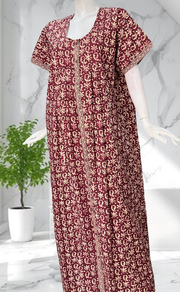 Maroon Batik Full Open Pure Cotton Nighty. Pure Cotton | Laces and Frills - Laces and Frills
