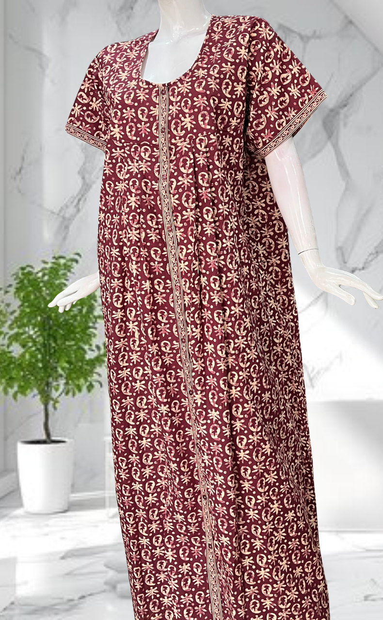 Maroon Batik Full Open Pure Cotton Nighty. Pure Cotton | Laces and Frills - Laces and Frills