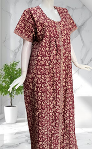 Maroon Batik Full Open Pure Cotton Nighty. Pure Cotton | Laces and Frills - Laces and Frills