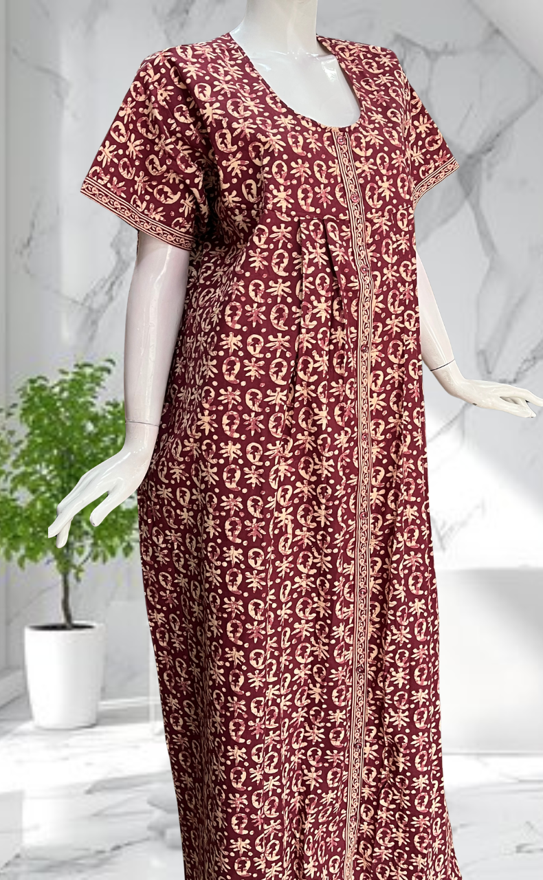 Maroon Batik Full Open Pure Cotton Nighty. Pure Cotton | Laces and Frills - Laces and Frills