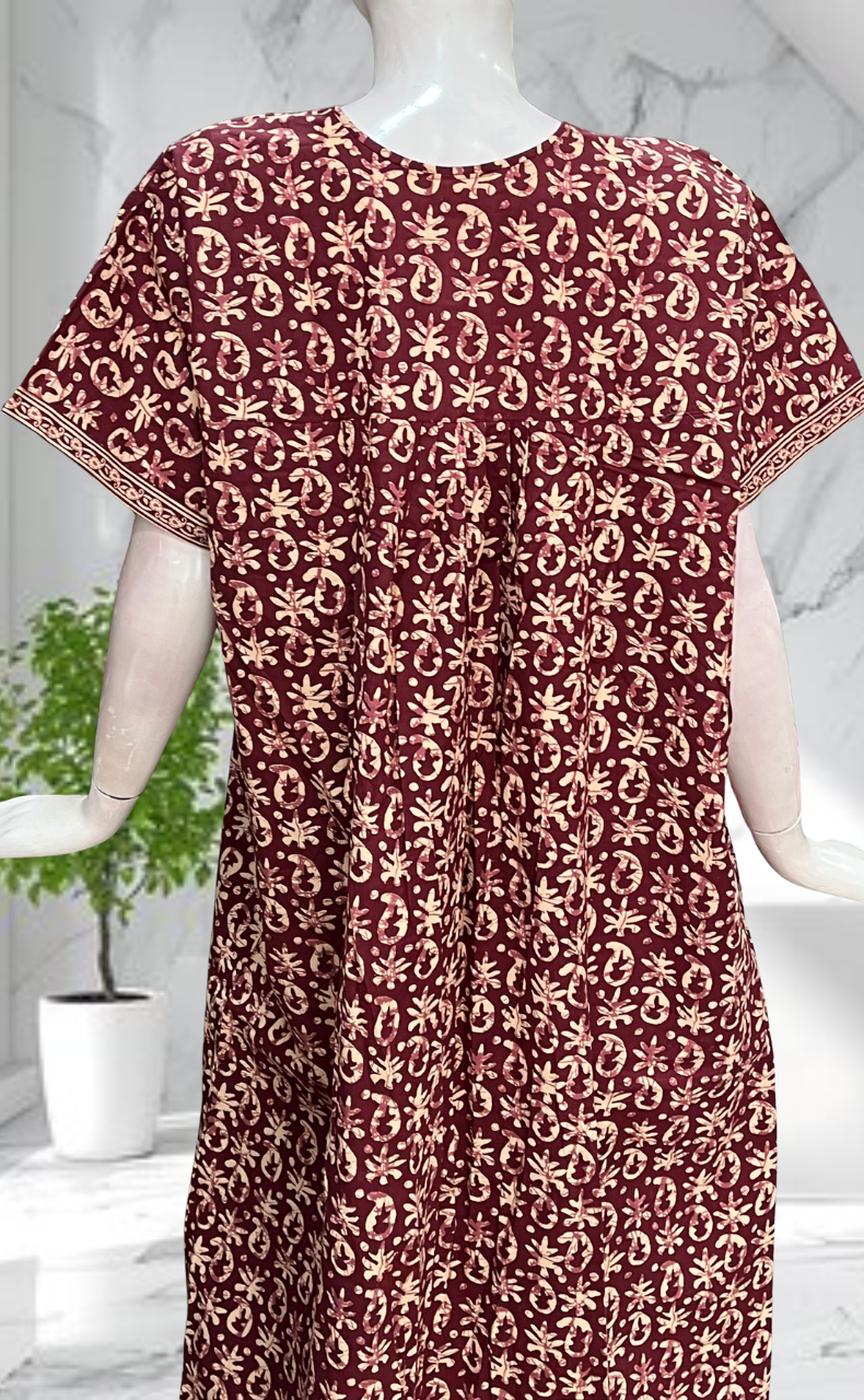 Maroon Batik Full Open Pure Cotton Nighty. Pure Cotton | Laces and Frills - Laces and Frills