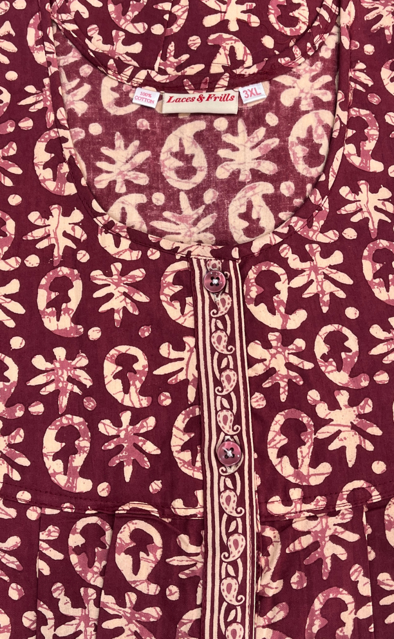 Maroon Batik Full Open Pure Cotton Nighty. Pure Cotton | Laces and Frills - Laces and Frills