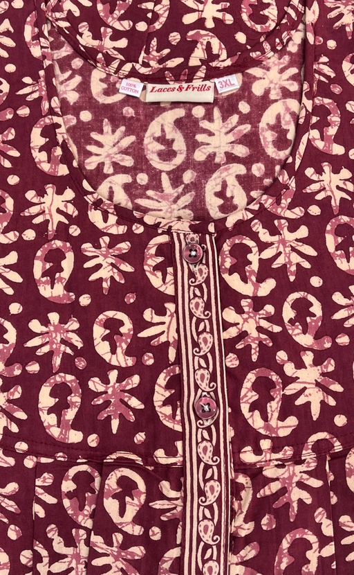 Maroon Batik Full Open Pure Cotton Nighty. Pure Cotton | Laces and Frills - Laces and Frills
