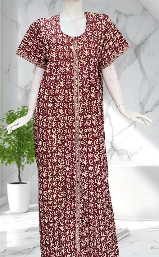 Maroon Batik Full Open Pure Cotton Nighty. Pure Cotton | Laces and Frills - Laces and Frills