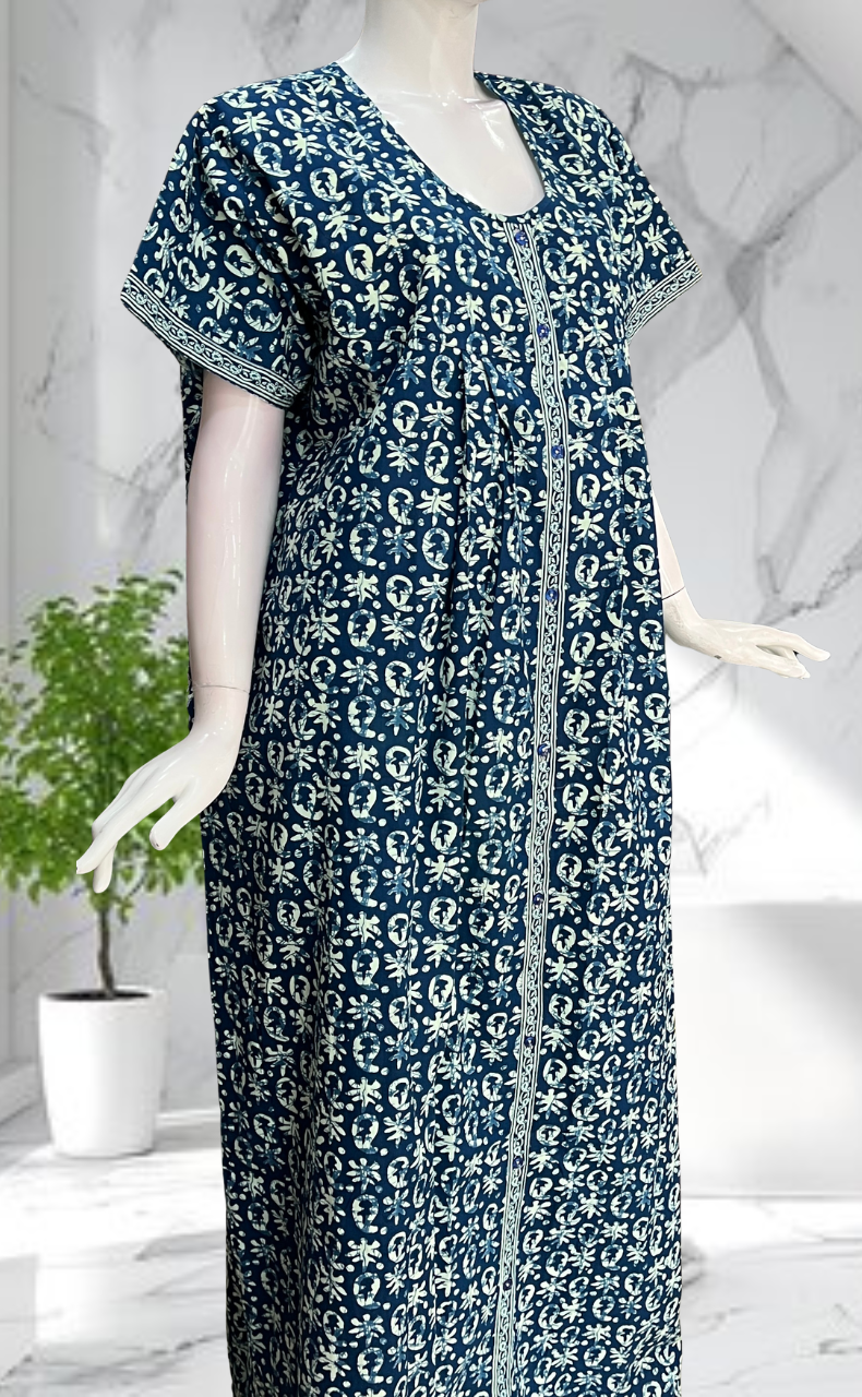 Blue Batik Full Open Pure Cotton Nighty. Pure Cotton | Laces and Frills - Laces and Frills