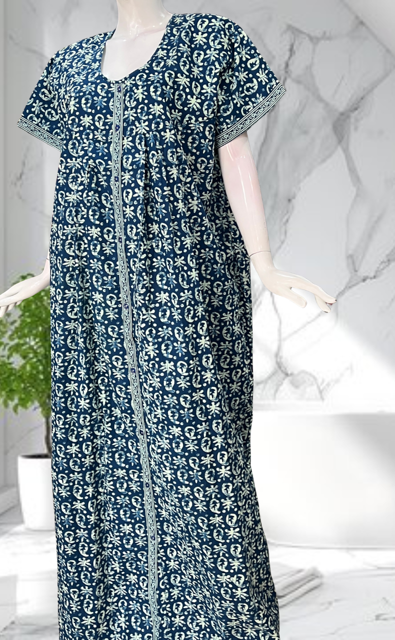 Blue Batik Full Open Pure Cotton Nighty. Pure Cotton | Laces and Frills - Laces and Frills