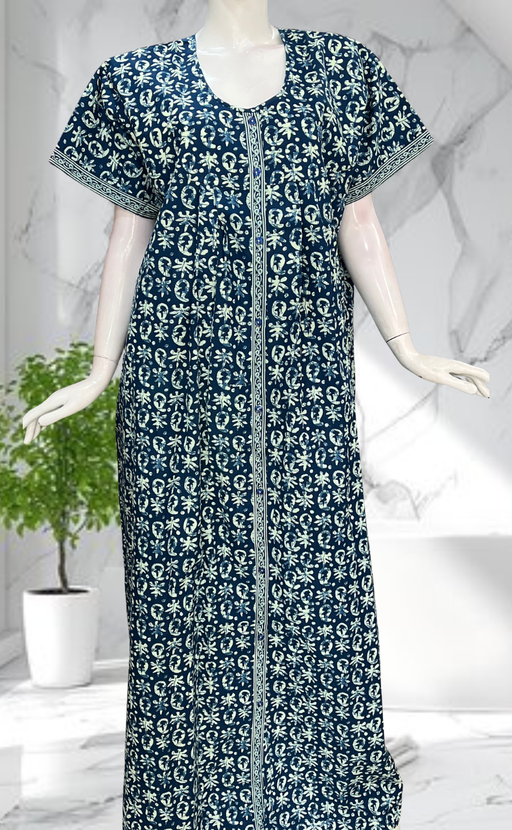Blue Batik Full Open Pure Cotton Nighty. Pure Cotton | Laces and Frills - Laces and Frills