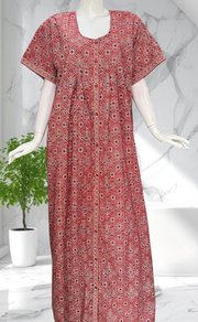 Maroon Ajrakh Full Open Pure Cotton Nighty. Pure Cotton | Laces and Frills - Laces and Frills