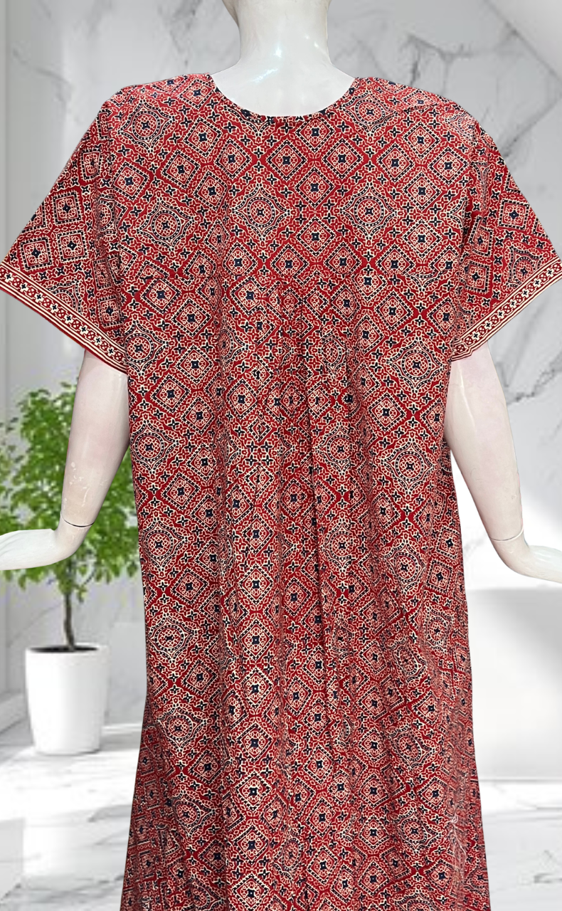 Maroon Ajrakh Full Open Pure Cotton Nighty. Pure Cotton | Laces and Frills - Laces and Frills