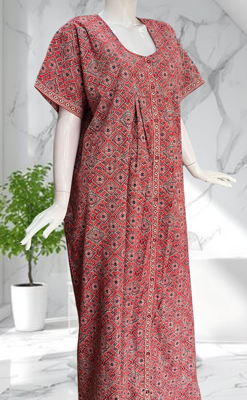 Maroon Ajrakh Full Open Pure Cotton Nighty. Pure Cotton | Laces and Frills - Laces and Frills