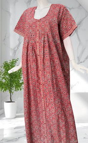 Maroon Ajrakh Full Open Pure Cotton Nighty. Pure Cotton | Laces and Frills - Laces and Frills