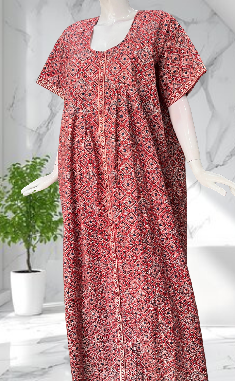 Maroon Ajrakh Full Open Pure Cotton Nighty. Pure Cotton | Laces and Frills - Laces and Frills