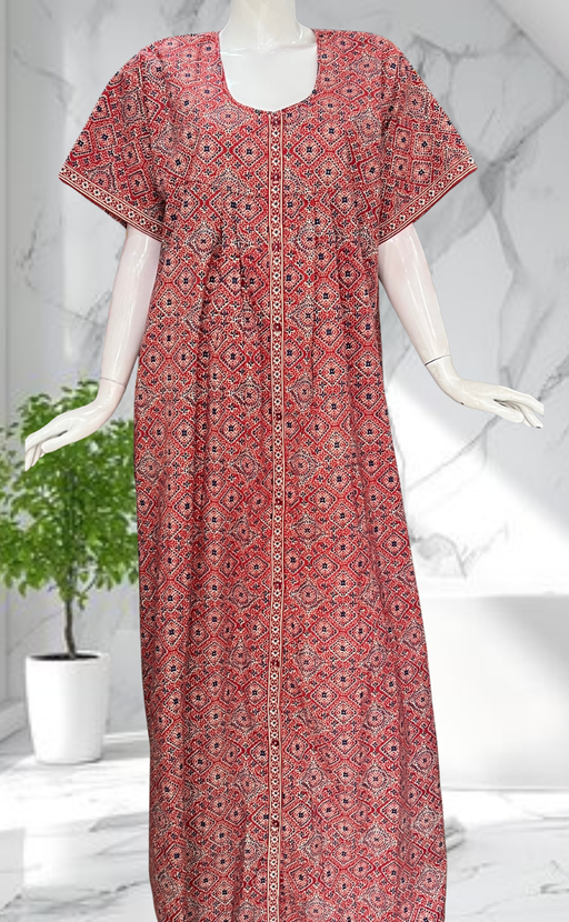 Maroon Ajrakh Full Open Pure Cotton Nighty. Pure Cotton | Laces and Frills - Laces and Frills