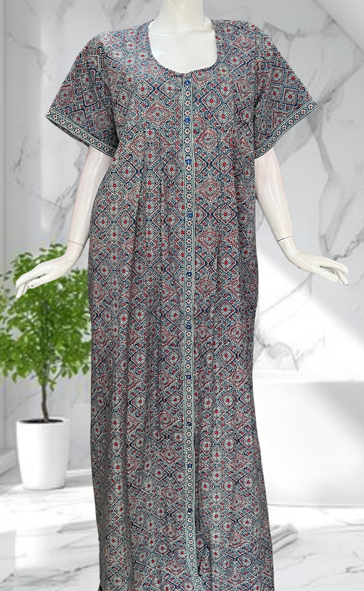 Blue Ajrakh Full Open Pure Cotton Nighty. Pure Cotton | Laces and Frills - Laces and Frills
