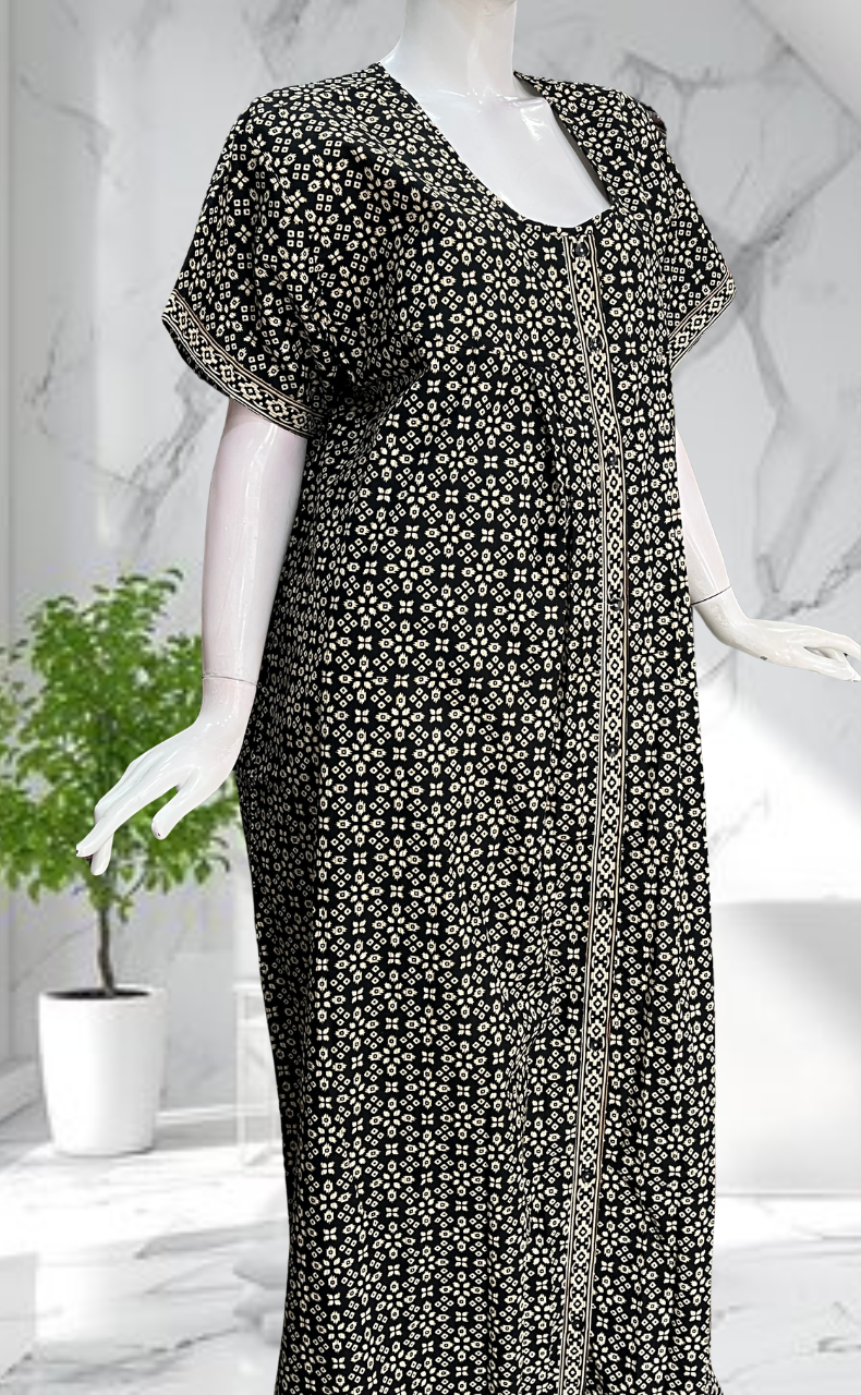 Black Ikat Full Open Pure Cotton Nighty. Pure Cotton | Laces and Frills - Laces and Frills