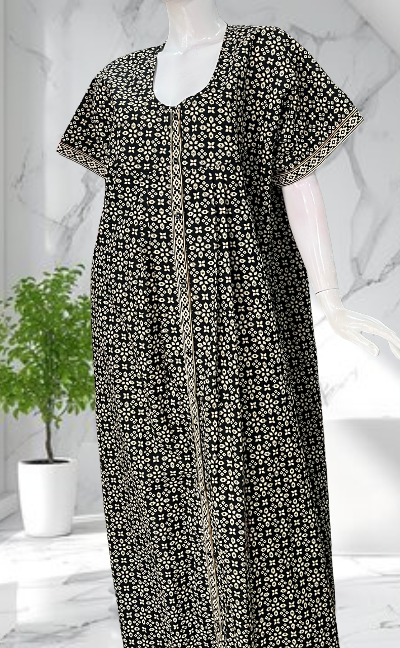 Black Ikat Full Open Pure Cotton Nighty. Pure Cotton | Laces and Frills - Laces and Frills