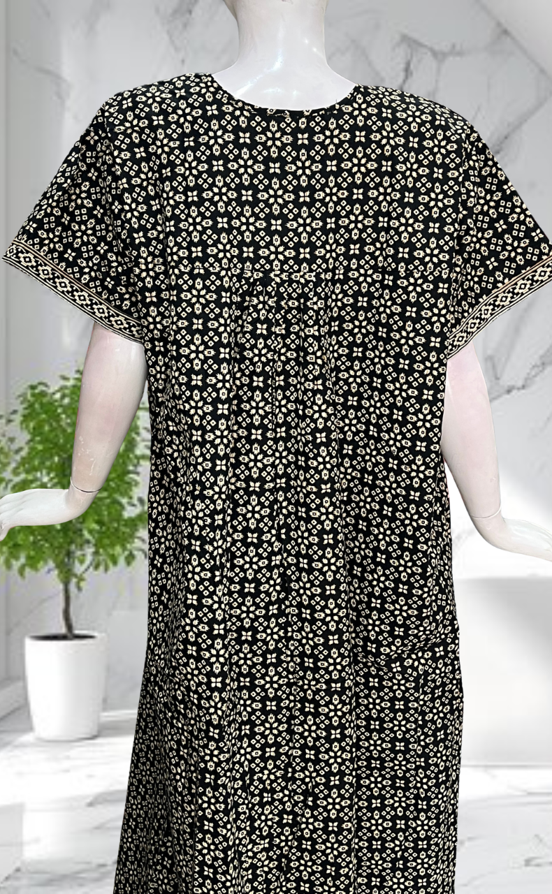 Black Ikat Full Open Pure Cotton Nighty. Pure Cotton | Laces and Frills - Laces and Frills